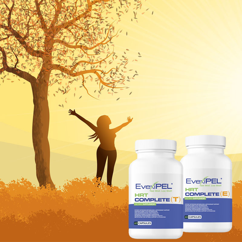 Nutritional supplements HRT(E) and HRT(T) against a background of a woman stretching in the sun